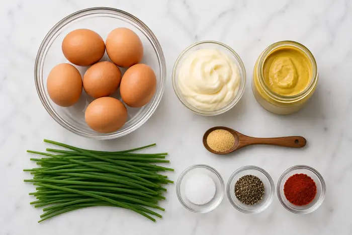 Flat lay of keto egg salad ingredients including eggs, mayonnaise, Dijon mustard, and chives
