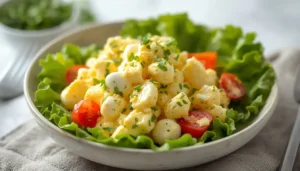 Keto Egg Salad Keto egg salad served in a white bowl garnished with chives and smoked paprika