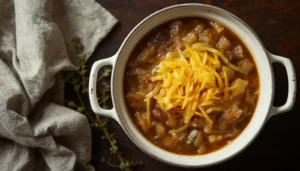 Keto French Onion Soup A bowl of keto french onion soup topped with melted Gruyère cheese in a white crock