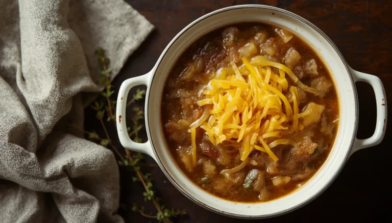 A bowl of keto french onion soup topped with melted Gruyère cheese in a white crock