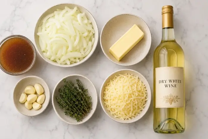 Keto French Onion Soup 2 Ingredients for keto french onion soup recipe laid out on a marble surface including onions, butter, Gruyère, and beef broth