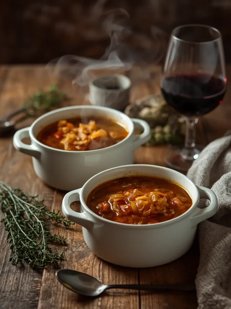 Keto French Onion Soup 4 Two bowls of keto french onion soup served on a dinner table with a glass of red wine