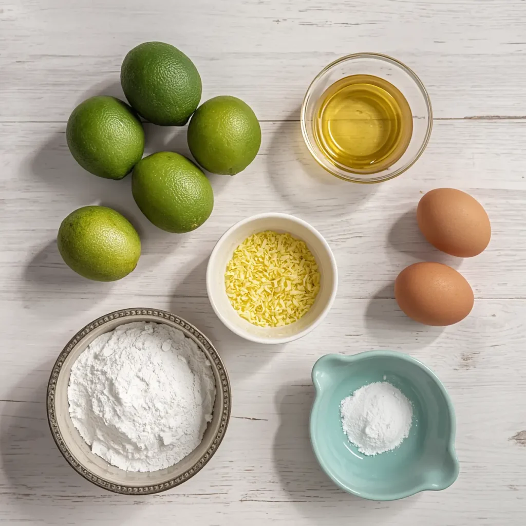 Ingredients for keto key lime pie recipe including almond flour, key limes, eggs, and erythritol