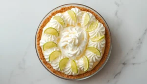 Keto key lime pie topped with whipped cream and key lime slices