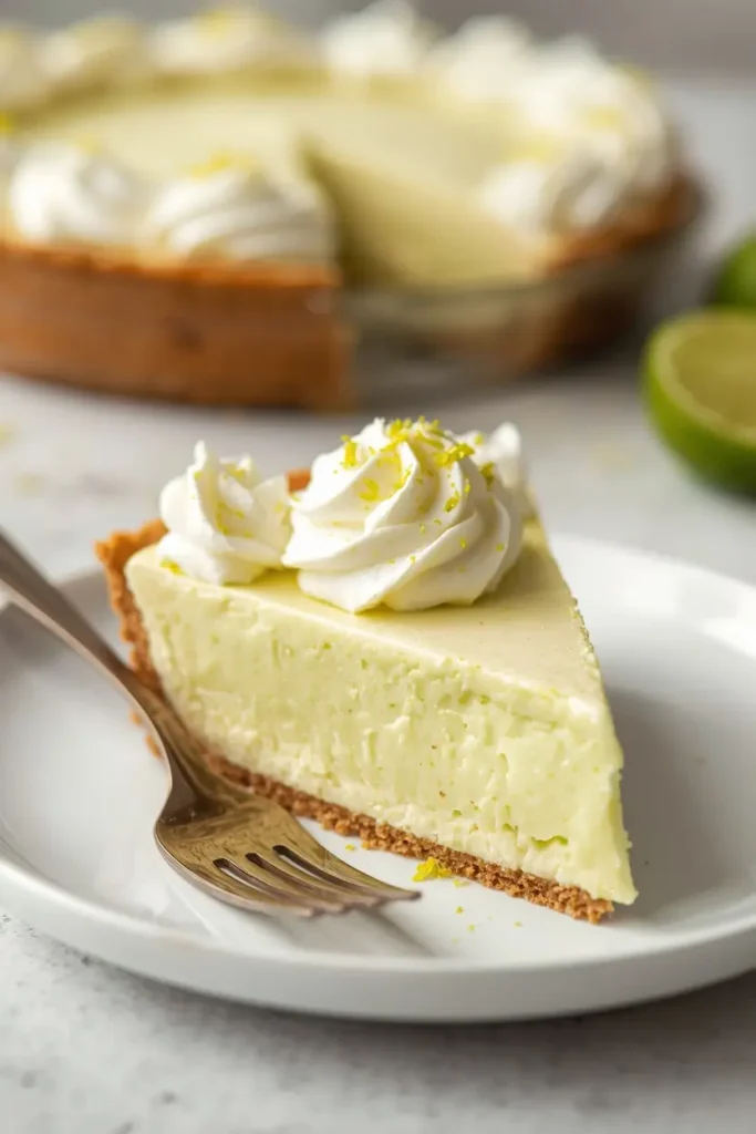 A slice of keto key lime pie showing creamy low-carb filling on a white plate