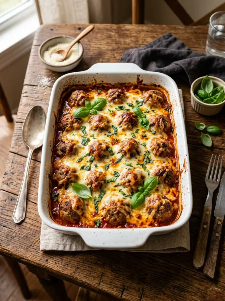 Keto Meatball Recipe 4 Keto meatball casserole baked with melted mozzarella and sugar-free marinara in a white ceramic dish