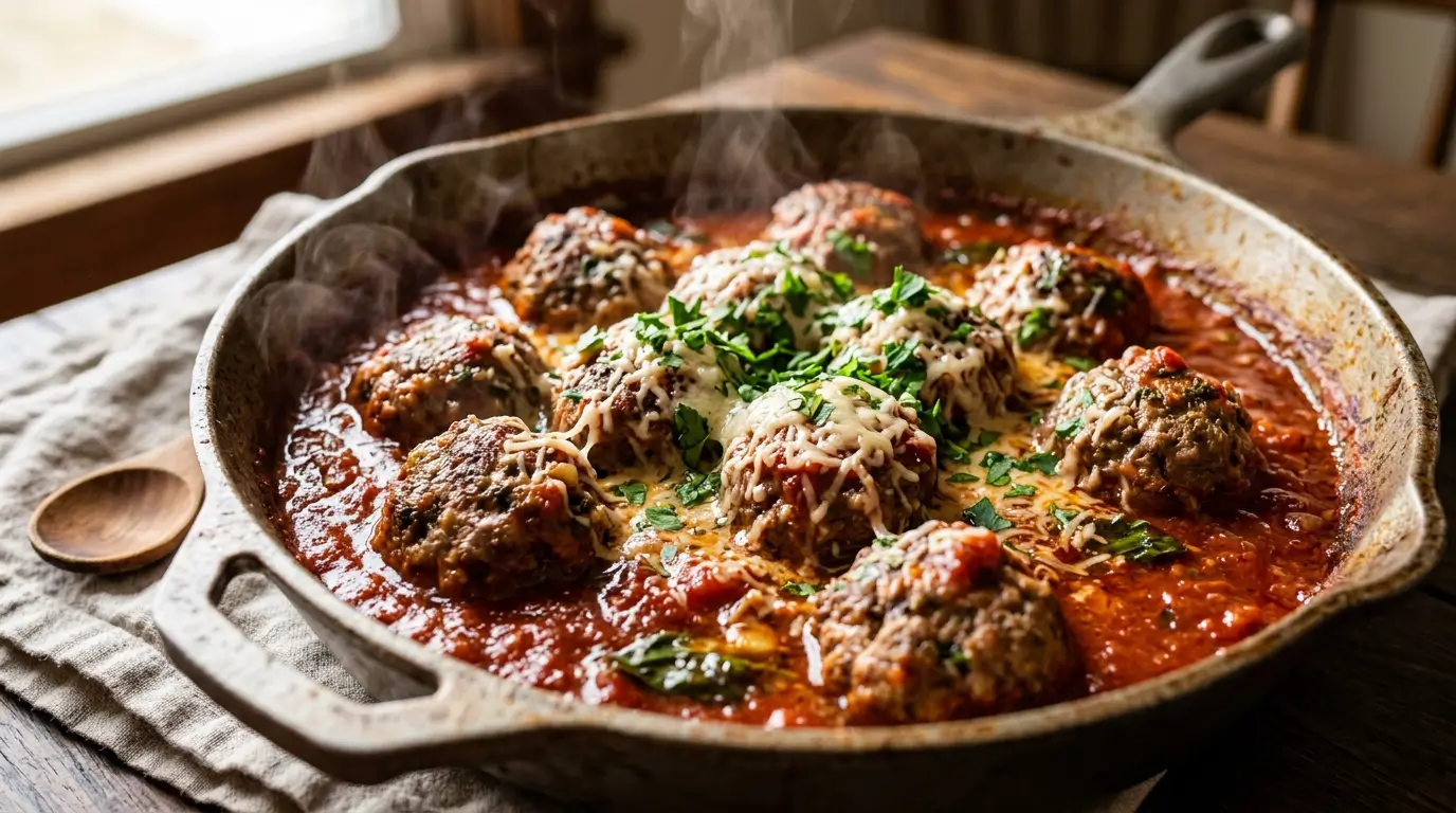 Keto Meatball Recipe 1 Keto meatball recipe simmering in sugar-free marinara sauce in a cast-iron skillet