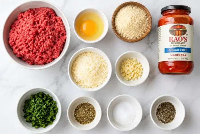 Keto Meatball Recipe 2 Fresh ingredients for a keto meatball recipe including ground beef, almond flour, egg, and Parmesan