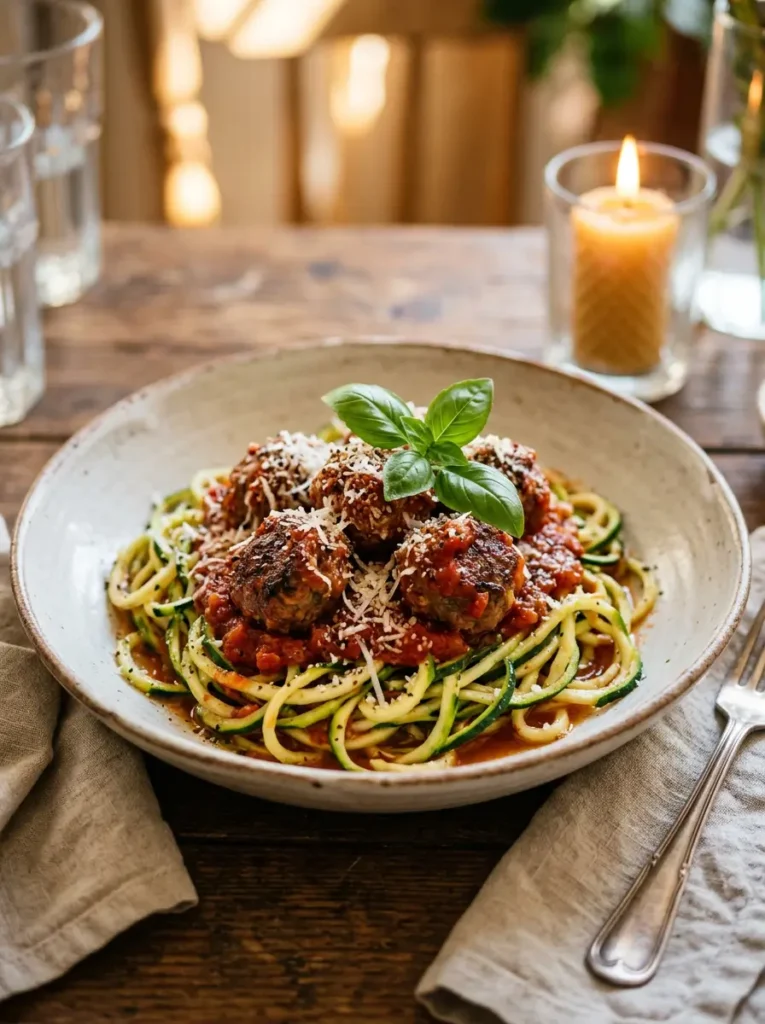 Keto Meatball Recipe 5 Keto meatball recipe served over zucchini noodles with marinara sauce and Parmesan, low-carb dinner