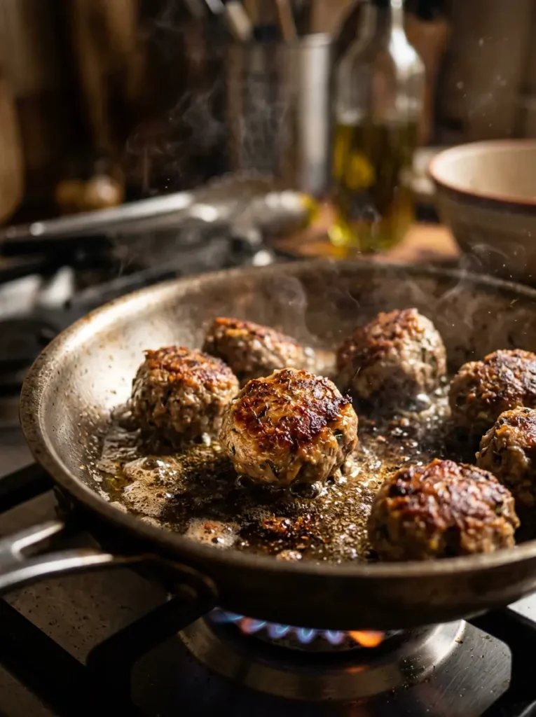 Keto Meatball Recipe 3 Keto meatballs searing in a hot skillet to build a golden crust; step by step keto meatball recipe
