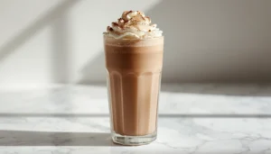 Thick and creamy keto milkshake topped with whipped cream and cocoa powder on a marble countertop