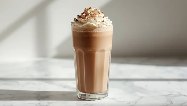 Thick and creamy keto milkshake topped with whipped cream and cocoa powder on a marble countertop
