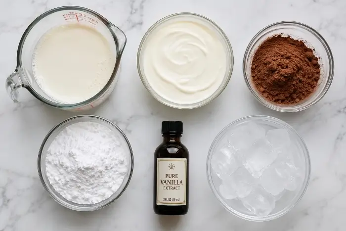 Keto milkshake recipe ingredients laid out on a marble surface including almond milk, cocoa powder, heavy cream, and erythritol
