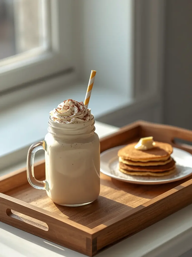 Keto milkshake in a mason jar served on a breakfast tray alongside keto protein pancakes in morning sunlight
