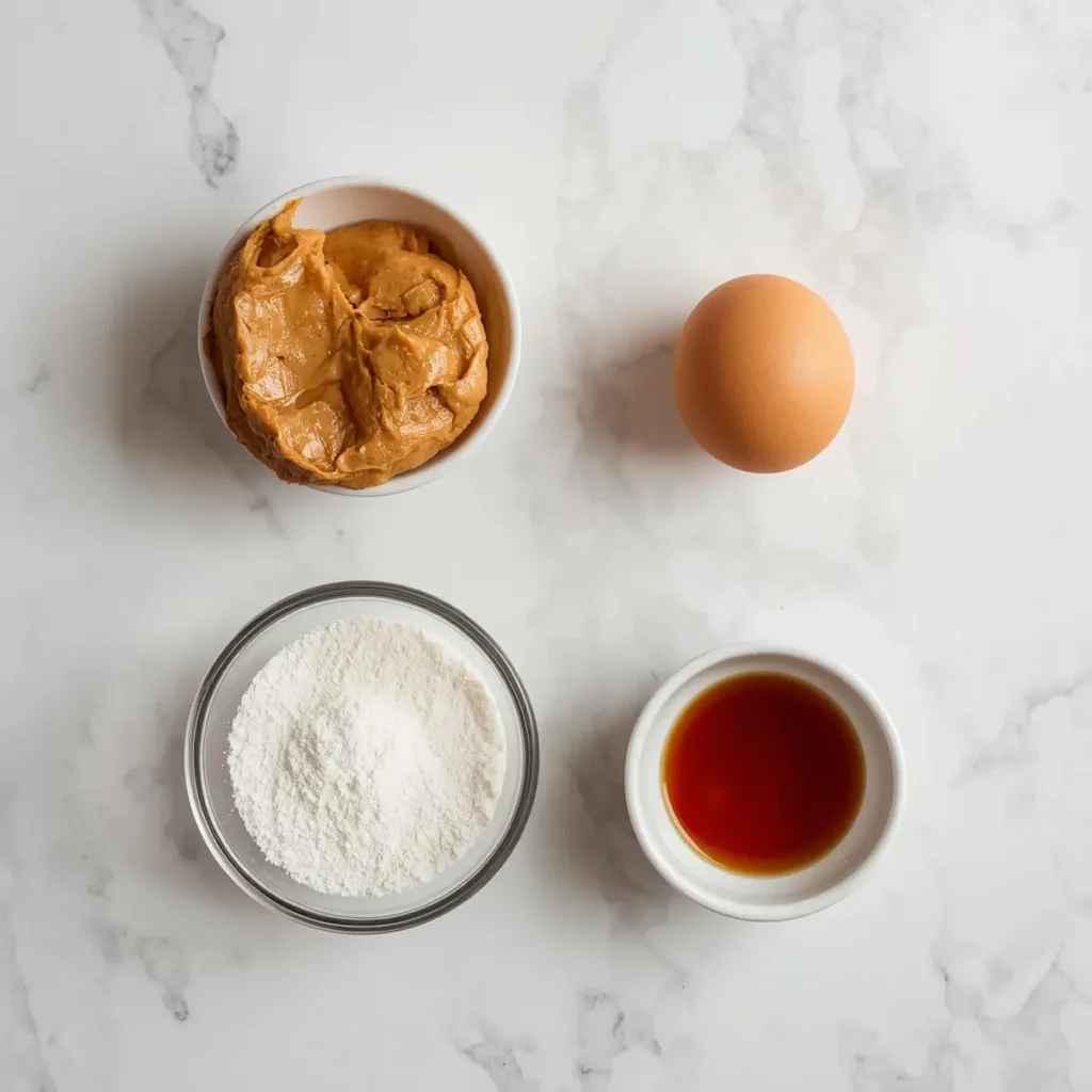 Four ingredients needed to make keto peanut butter cookies including peanut butter, egg, erythritol, and vanilla