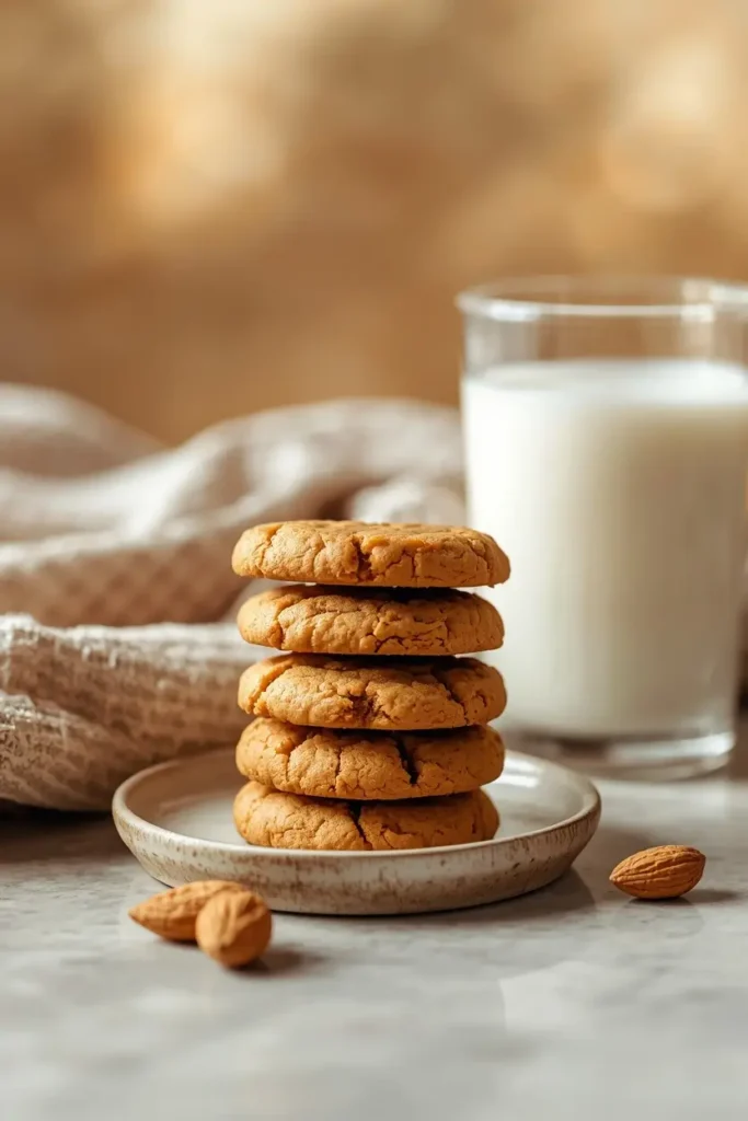 Stack of keto peanut butter cookies served with almond milk as a low-carb snack