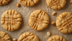 Keto Peanut Butter Cookies Keto peanut butter cookies with fork crosshatch marks on parchment paper