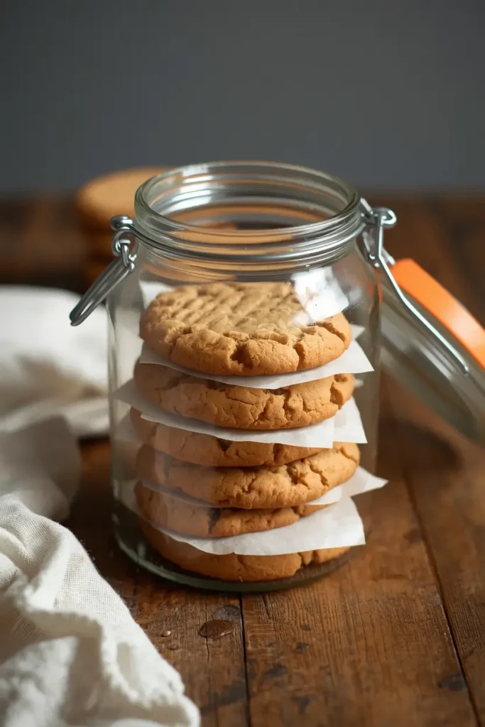 Keto peanut butter cookies stored in an airtight glass jar with parchment paper between layers