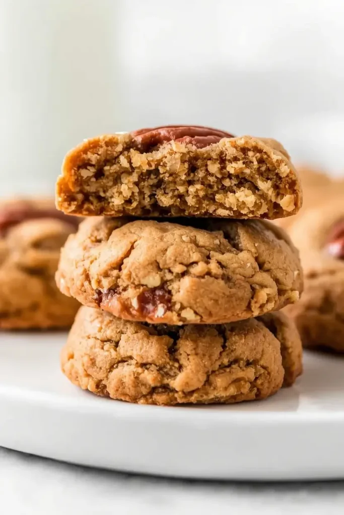 Close-up stack of keto pecan sandies cookies on a white plate showing crumbly texture inside