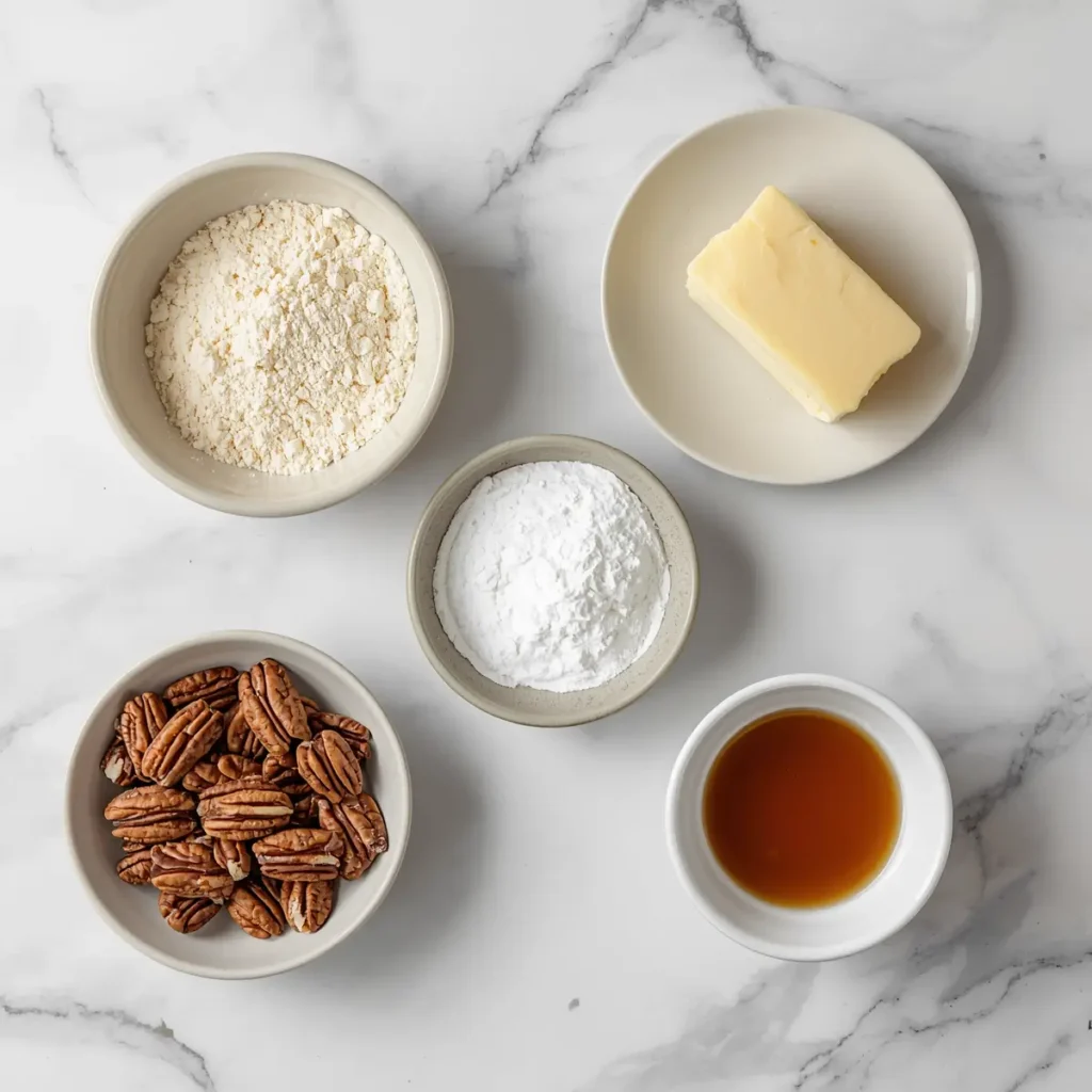 Five ingredients for keto pecan sandies including almond flour, butter, erythritol, pecans, and vanilla extract