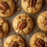 Keto pecan sandies cookies arranged on parchment paper with chopped pecans on top