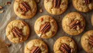 Keto pecan sandies cookies arranged on parchment paper with chopped pecans on top