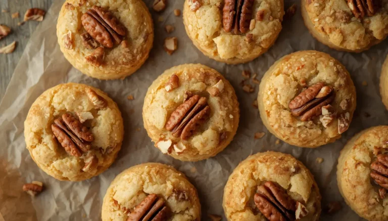 Keto pecan sandies cookies arranged on parchment paper with chopped pecans on top