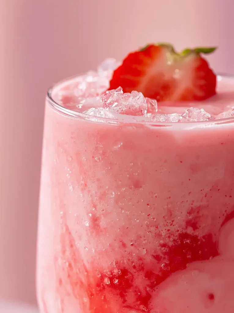 Close-up of a keto pink drink recipe showing creamy coconut milk swirling into a vibrant strawberry pink color with crushed ice
