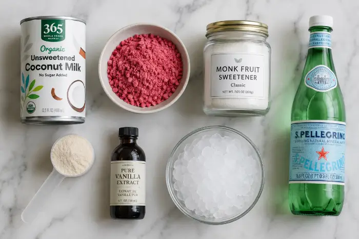 Keto pink drink recipe ingredients flatlay including coconut milk, freeze-dried strawberries, monk fruit sweetener, and collagen peptides
