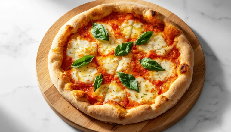 Keto pizza crust recipe topped with melted mozzarella and fresh basil on a wooden board
