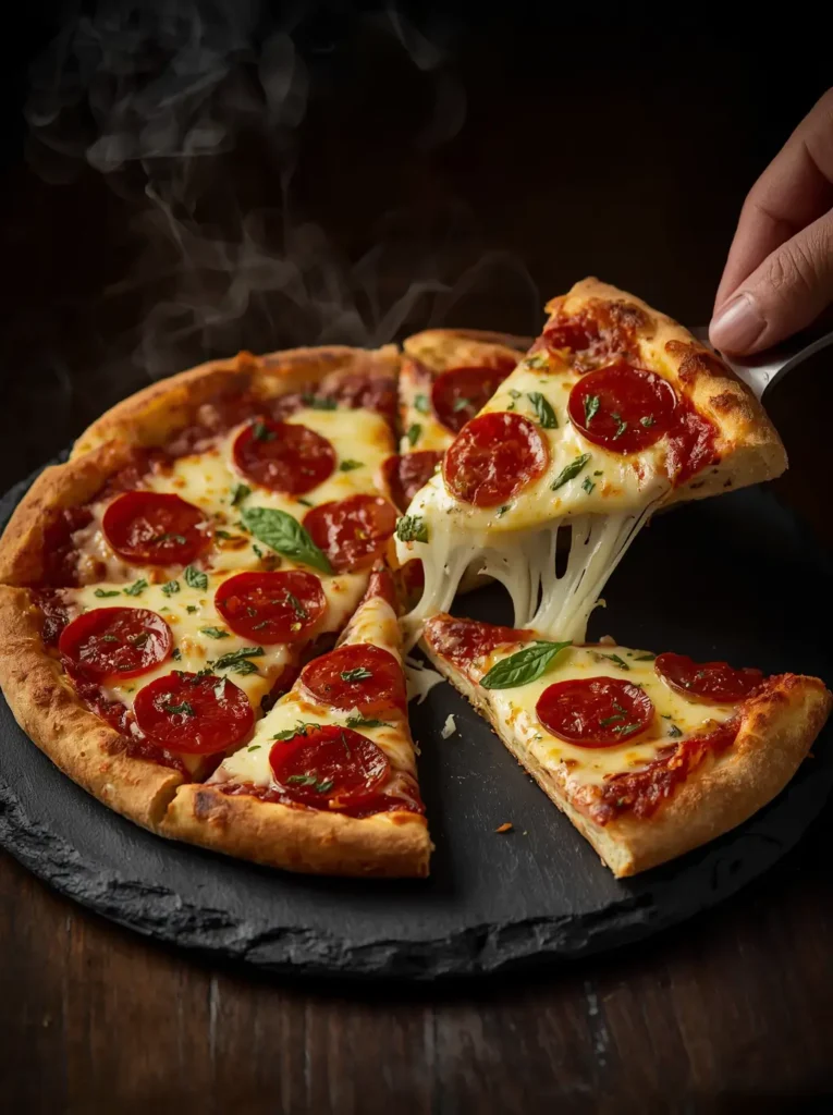 Keto Pizza Crust Recipe 3 Sliced keto pizza crust recipe with melted mozzarella and pepperoni on a dark slate board