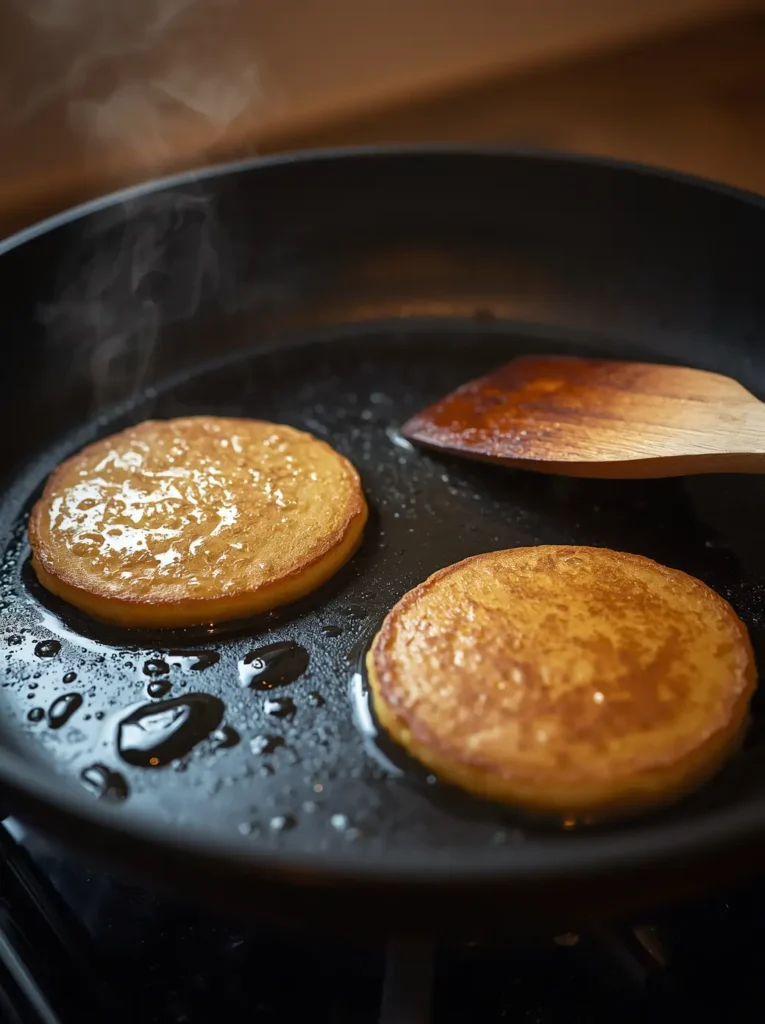 Keto Protein Pancakes 3 Keto protein pancakes cooking in a non-stick skillet with bubbles forming on the surface