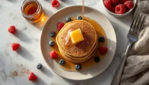 Keto Protein Pancakes Keto protein pancakes stacked on a white plate with butter, sugar-free syrup, and fresh berries