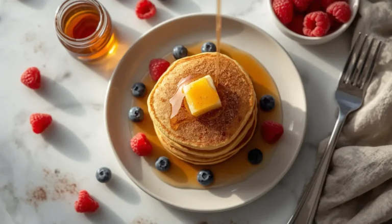 Keto protein pancakes stacked on a white plate with butter, sugar-free syrup, and fresh berries