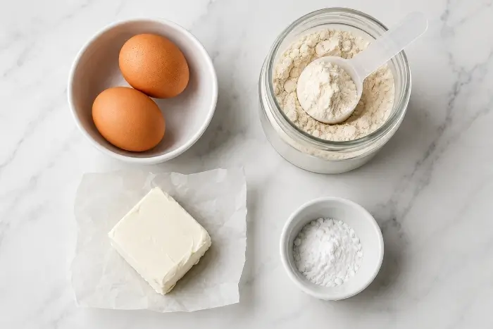 Keto Protein Pancakes 2 Four ingredients for keto protein pancakes: eggs, cream cheese, protein powder, and baking powder