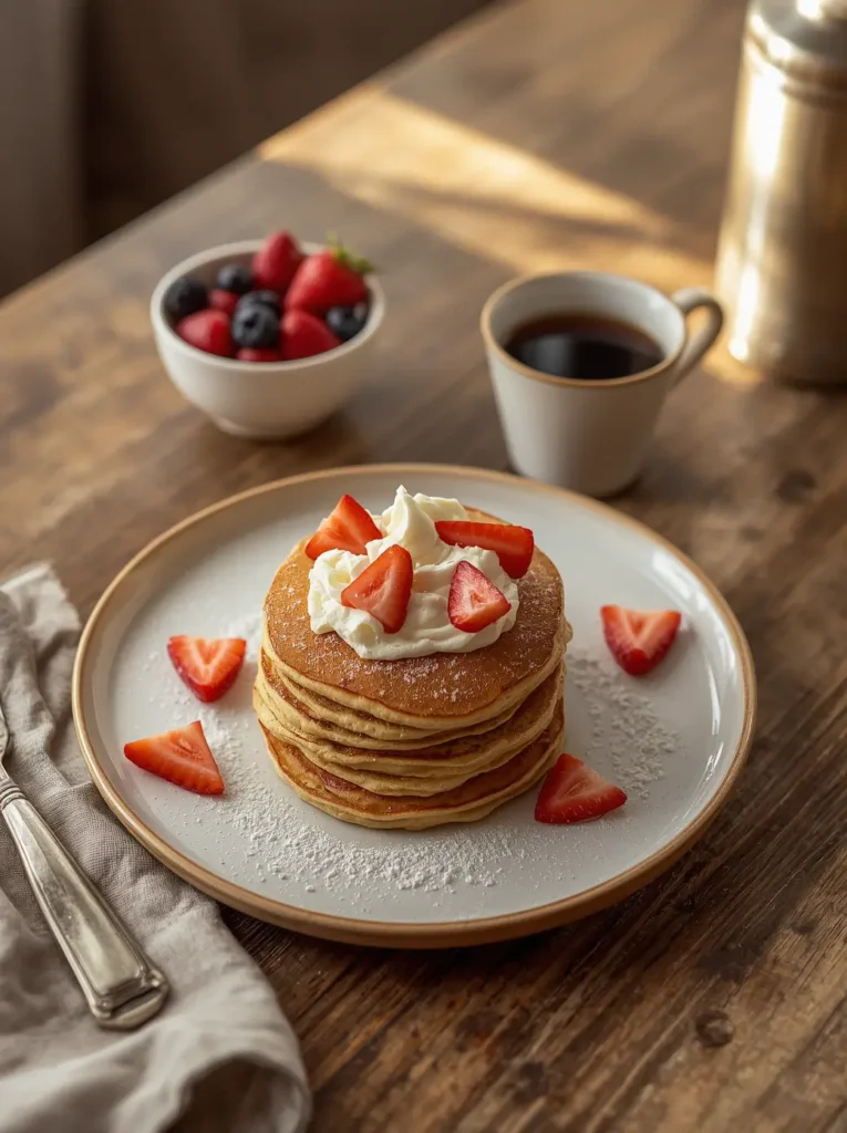 Keto Protein Pancakes 4 Plated keto protein pancakes served with whipped cream, strawberries, and a cup of coffee