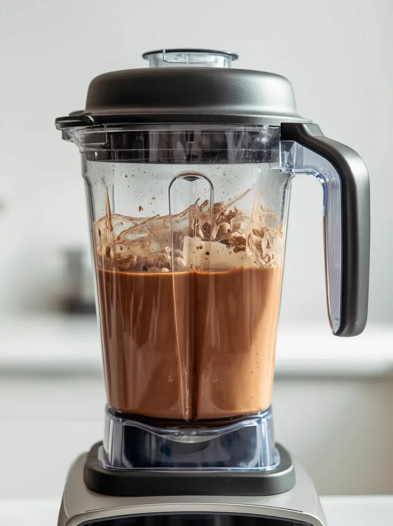 Keto Protein Smoothie 3 Blending a keto protein smoothie in a high-speed blender with chocolate protein powder and almond milk