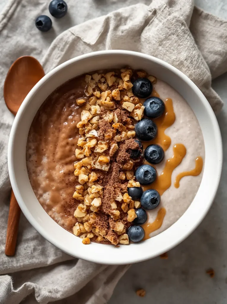 Keto Protein Smoothie 4 Keto protein smoothie bowl topped with walnuts, blueberries, and a drizzle of almond butter