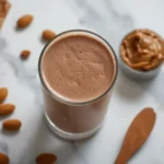 Keto protein smoothie in a tall glass with almond butter and protein powder on a marble countertop