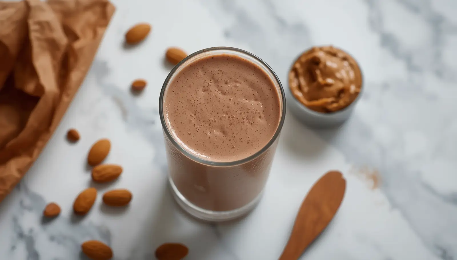 Keto Protein Smoothie 1 Keto protein smoothie in a tall glass with almond butter and protein powder on a marble countertop