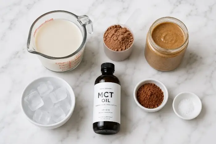 Keto Protein Smoothie 2 Ingredients for a keto protein smoothie including almond milk, protein powder, almond butter, MCT oil, and cocoa powder