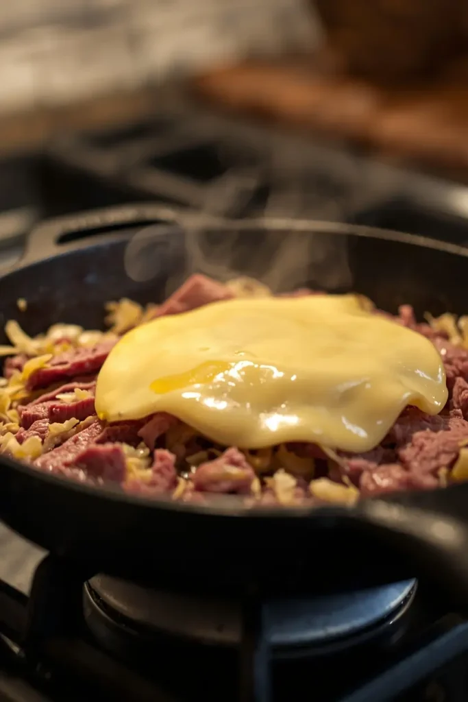 Keto Reuben in a Bowl 3 Corned beef and sauerkraut cooking in a skillet with melted Swiss cheese for a keto reuben bowl recipe