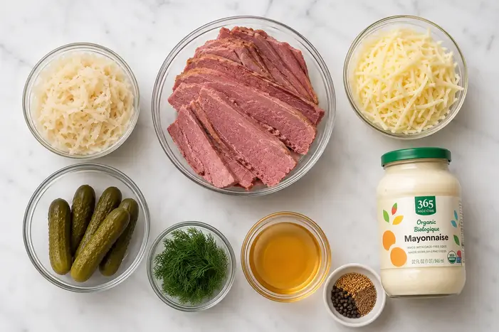 Keto Reuben in a Bowl 2 Ingredients for a keto reuben bowl including corned beef, sauerkraut, Swiss cheese, and Thousand Island dressing components