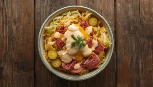 Keto Reuben in a Bowl Keto reuben in a bowl with corned beef, sauerkraut, melted Swiss cheese, and Thousand Island dressing