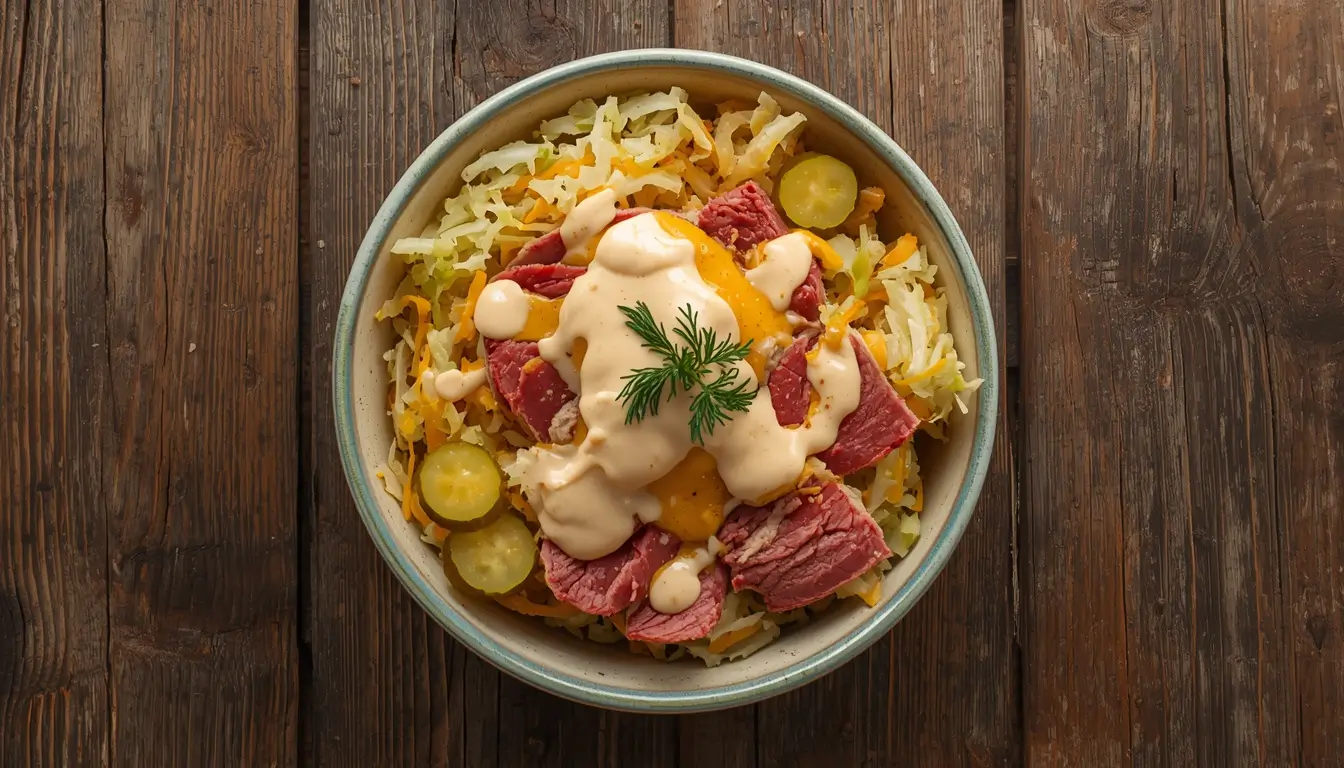 Keto Reuben in a Bowl 1 Keto reuben in a bowl with corned beef, sauerkraut, melted Swiss cheese, and Thousand Island dressing