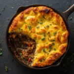 Keto shepherd's pie with golden cauliflower mash topping in a cast iron skillet