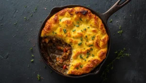 Keto Shepherd's Pie Keto shepherd's pie with golden cauliflower mash topping in a cast iron skillet