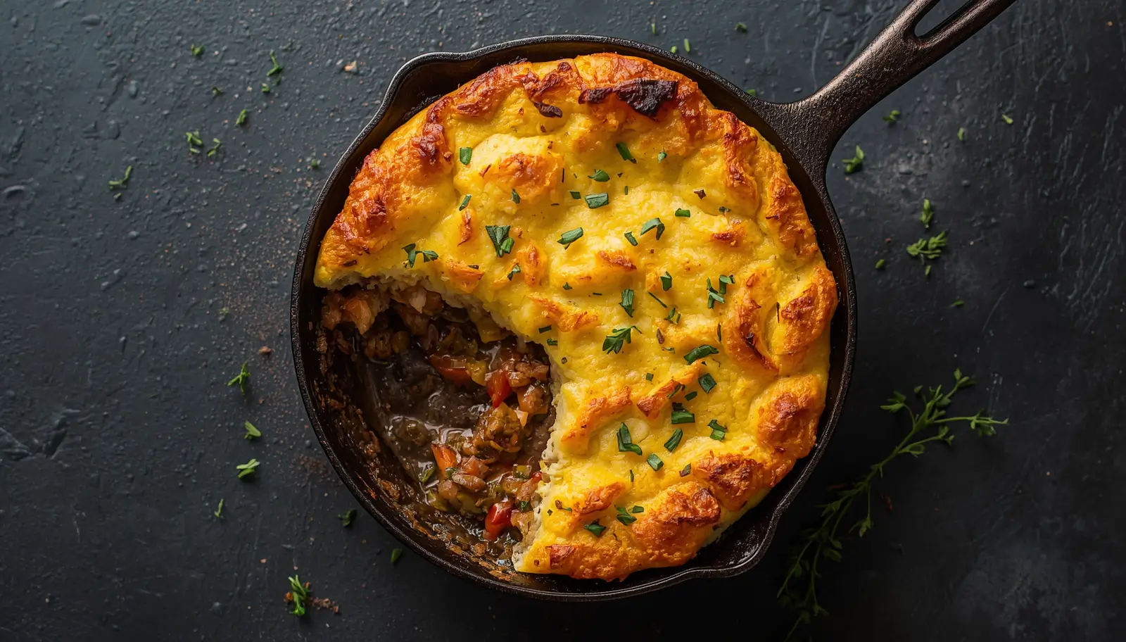 Keto Shepherd's Pie 1 Keto shepherd's pie with golden cauliflower mash topping in a cast iron skillet