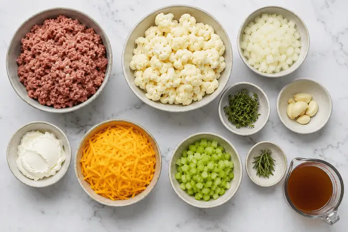 Keto Shepherd's Pie 2 Fresh ingredients for a keto shepherd's pie recipe laid out on a marble surface