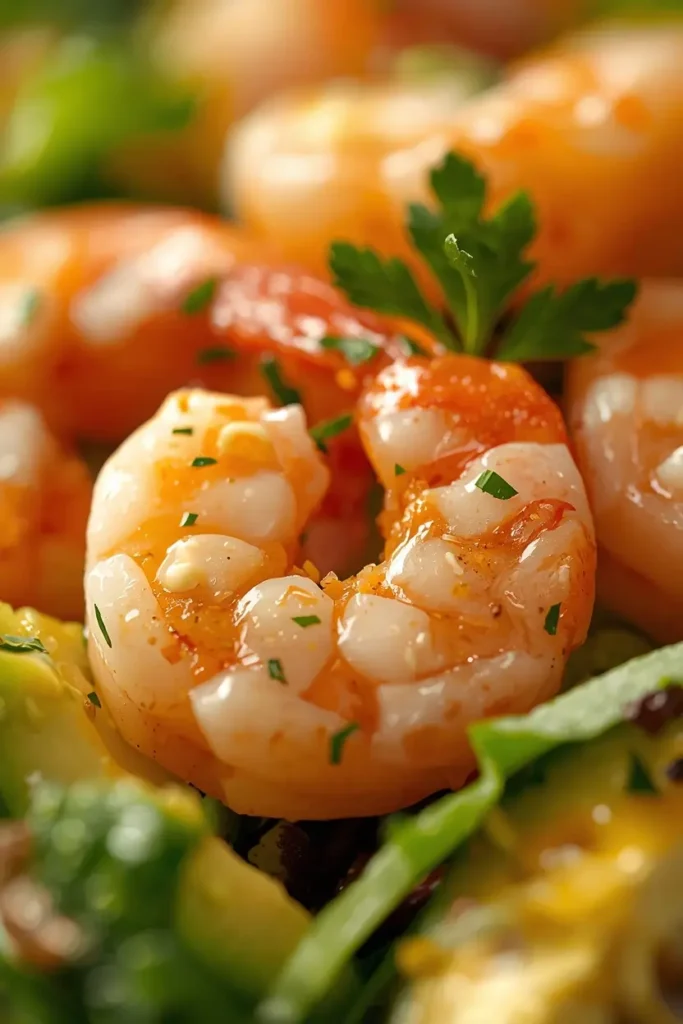 Shrimp Avocado Salad 4 Close-up of keto shrimp salad with avocado, cherry tomatoes, and lime dressing on a stone plate